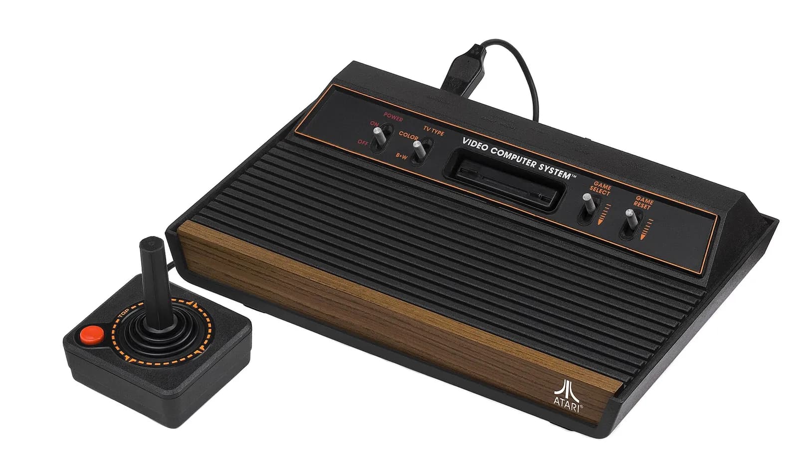 Atari 2600 con frontal de madera y joystick
