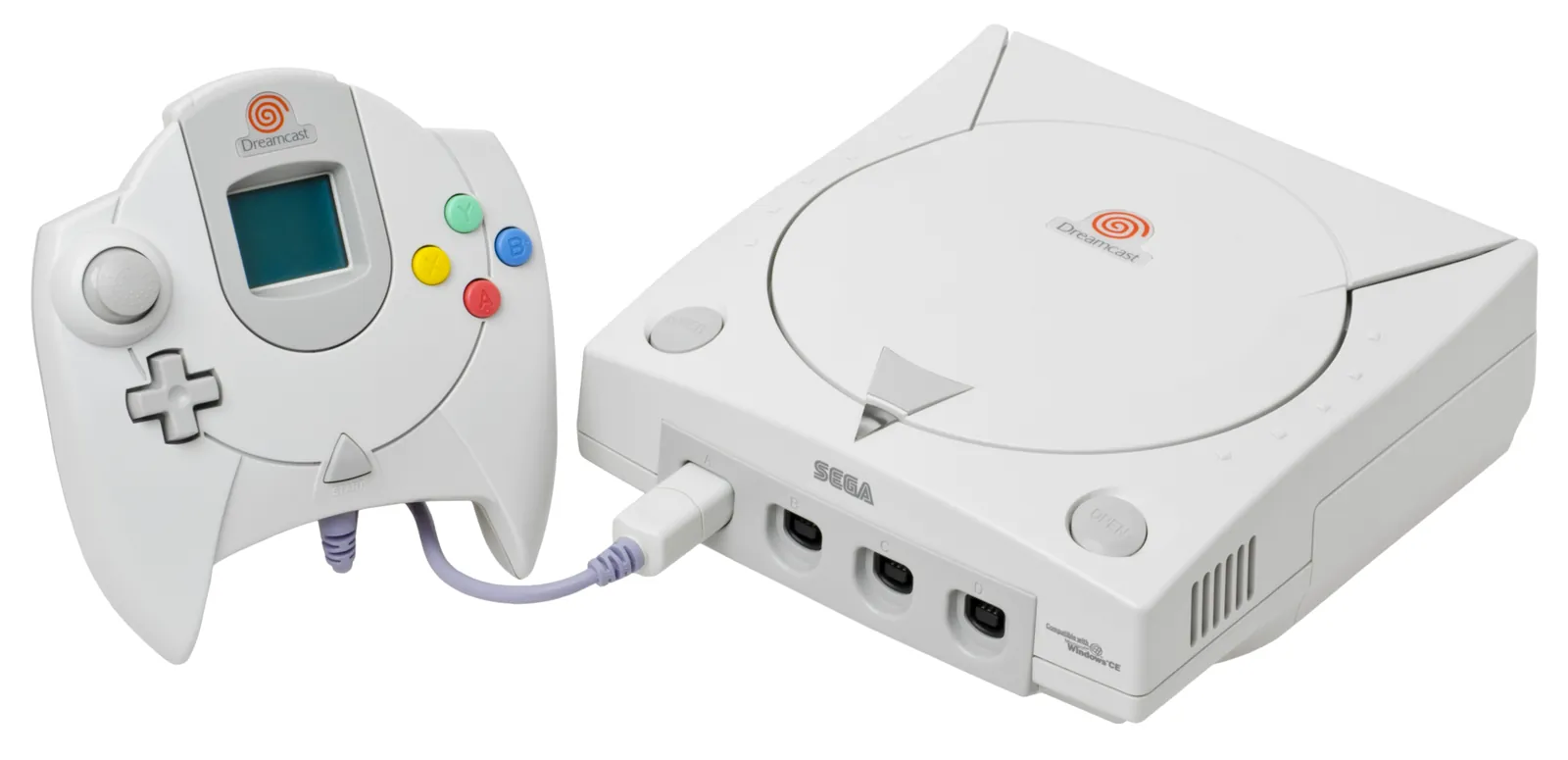Sega Dreamcast blanca con su mando y la VMU