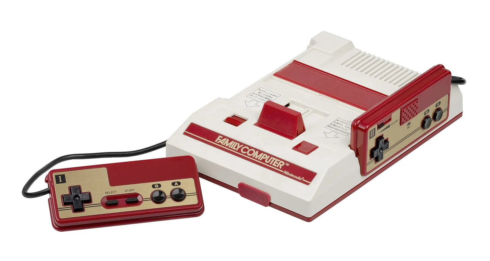 Famicom japonesa de Nintendo, roja y blanca, con sus mandos
