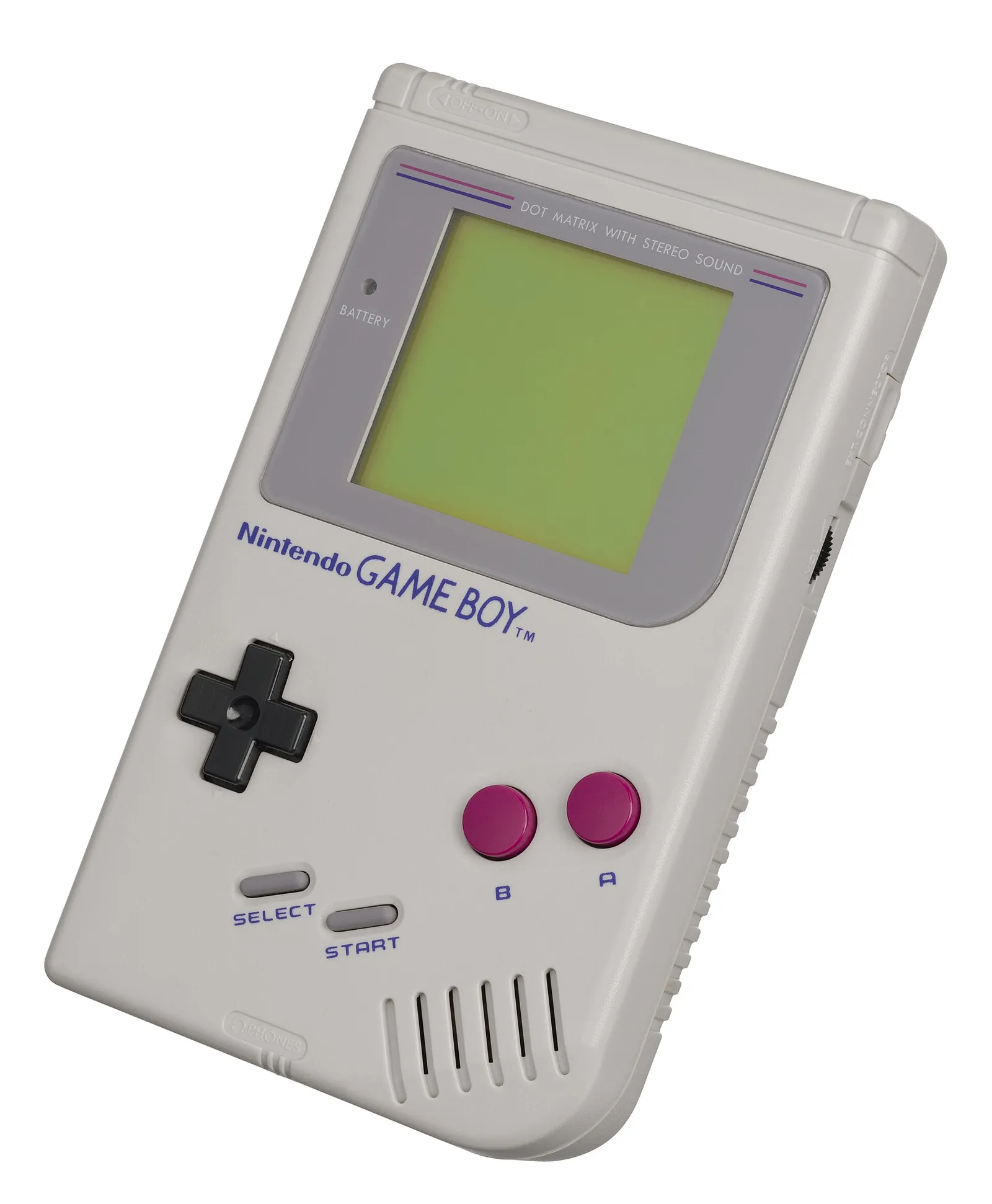Game Boy original de Nintendo, gris, vista frontal