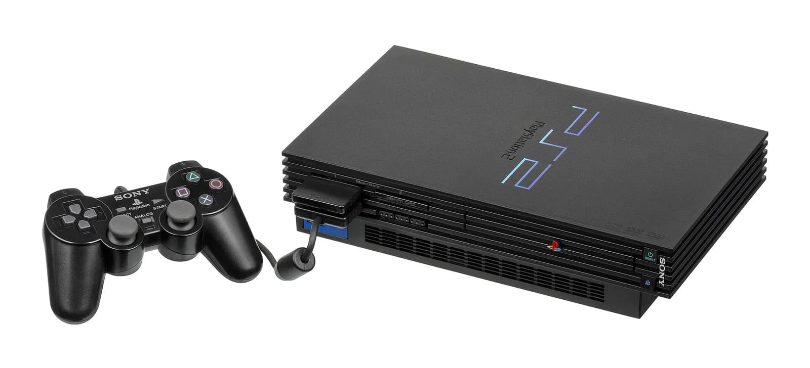 PlayStation 2 negra con su mando DualShock 2