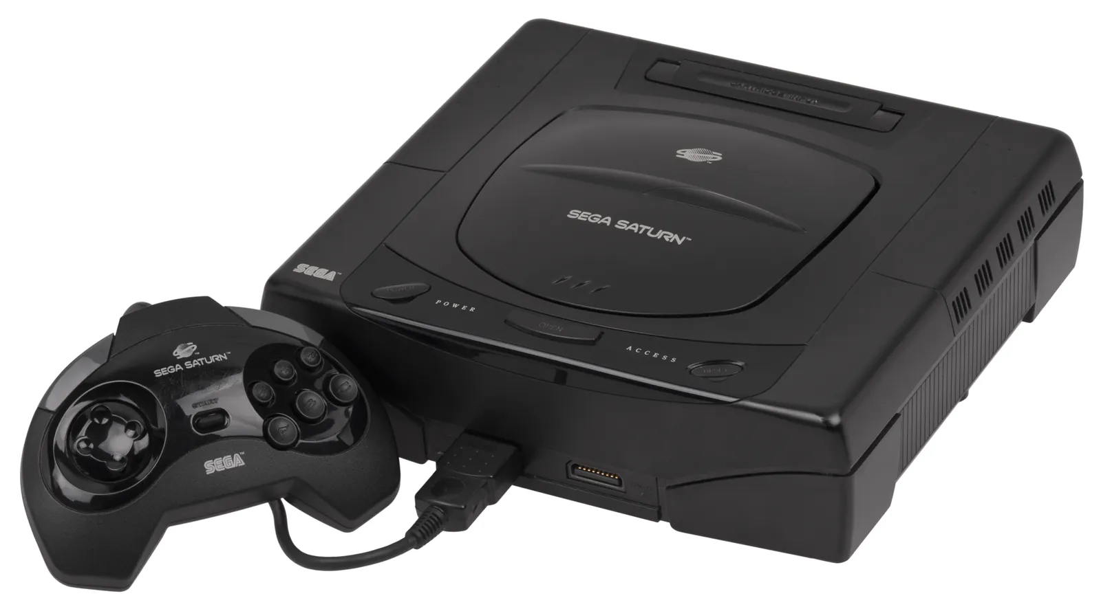 Sega Saturn negra con su mando