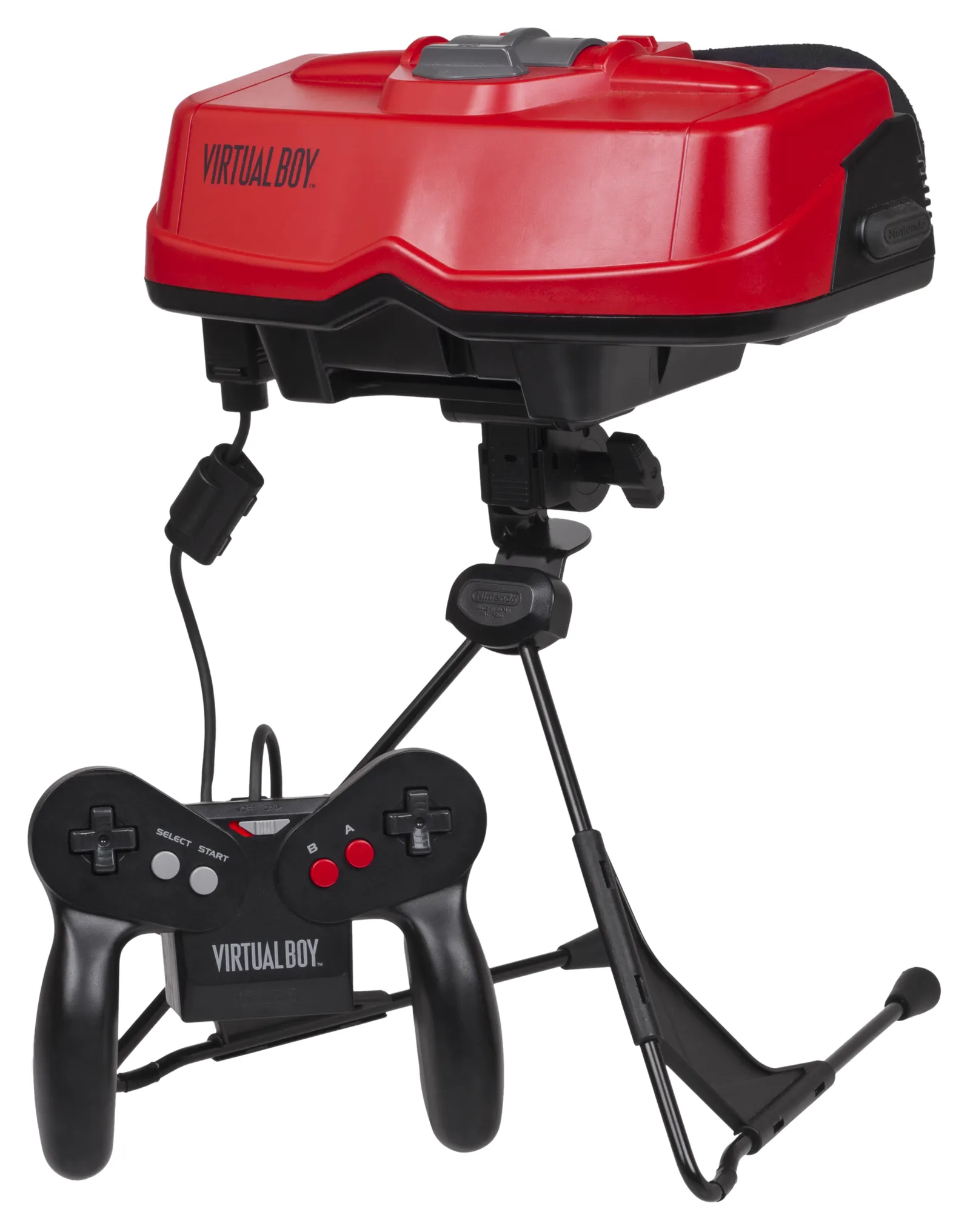 Virtual Boy de Nintendo sobre su soporte, con el mando